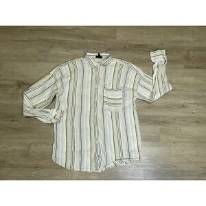 ATM linen stripe shirt Women's Sz M yellow button up long sleeve boyfriend